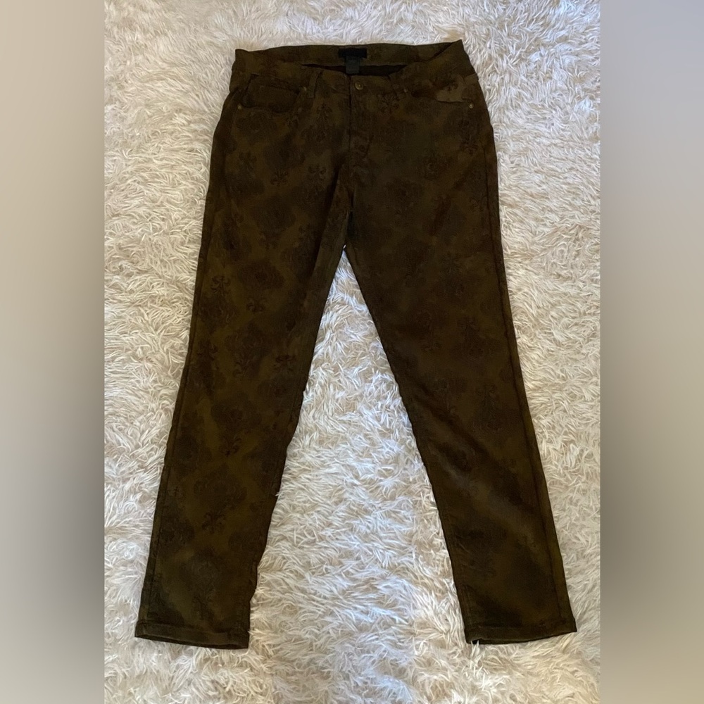 ERIC Olive Green Faux Suede Fleur-de-lis Print Ankle Pants Slacks Women’s Size12